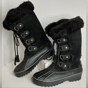 Khombu Nordic Women’s Black Leather & Faux Fur Snow Winter Lace-Up Boot SZ 8M